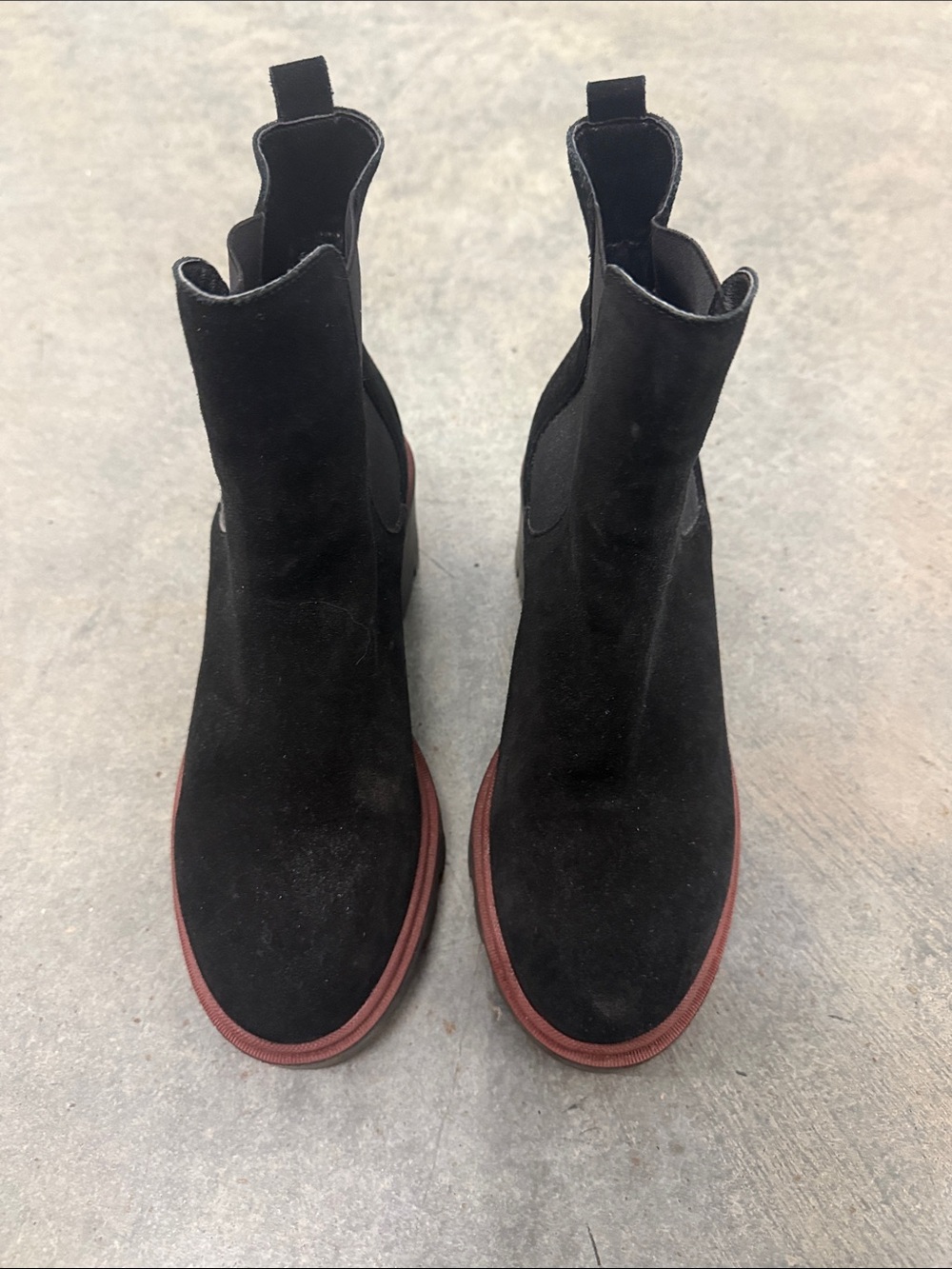 Black Suede Chelsea Booties with Burgundy Trim